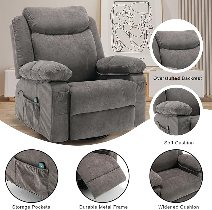 Swivel Rocker Recliner Chair with Massage and Heat Overstuffed Nursery Recliners Oversized Fabric Single Sofa Manual Reclining Home Theater Lounge Chairs for Living Room Adults Grey