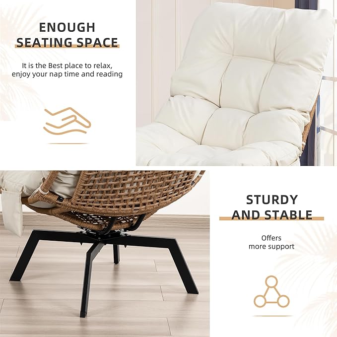 Vongrasig 360 Degree Swivel Wicker Accent Chair Modern Soft Thick Cushion Rattan Lounge Chair High Capacity Steel Frame Comfy Corner Reading Chair for Living Room Bedroom Dorm Rooms (Beige)