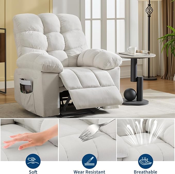 GAOMON Oversized Recliner Rocking Chair - Wide Overstuffed Recliner with Massage &amp Heat Lumbar Support Side Pockets Remote Control Upholstery Soft Sofa Chair for Living Room Bedroom - White