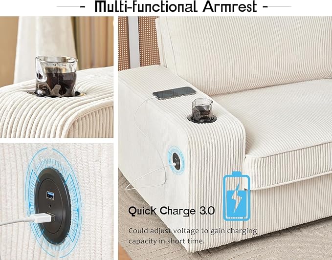 AMERLIFE Corduroy Sofa Chair Modern Comfy Accent Chair with Cup Holders &amp USB Ports Upholstered Living Room Chair Beige