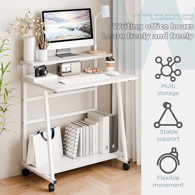 Rolling Computer Desk on Wheels for Small Space 3-Tiers Home Office Desk with Monitor Stand and Storage Shelves Freestanding Mobile Writing Table Laptop Table White