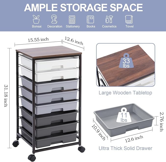 Rolling Cart with DrawersUtility Cart With 8 Drawers and Wooden Tabletop for Living RoomClassroomBedroomBathroomDormOfficeDark Grey