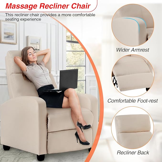 FDW Recliner Chair Massage Chair Reading Chair Reclining Sofa Home Theater Seating with Lumbar Support Massage and Padded Backrest for Living Room and Bedroom (Textile Beige)
