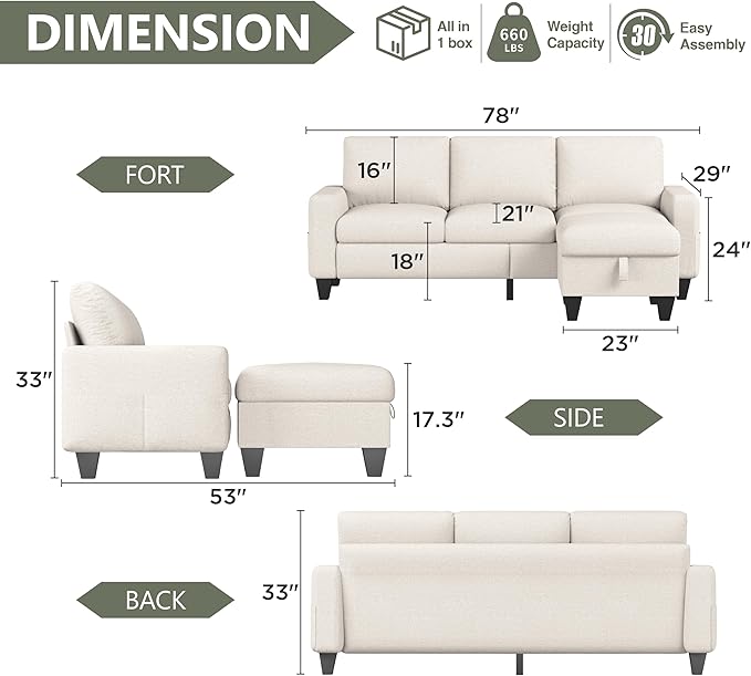 Convertible Sectional Sofa L-Shaped Couch Beige Couches for Living Room with Reversible Chaise 3-Seat Modern Linen Sectional Couches for Living Room/Apartment/Office/Small Space