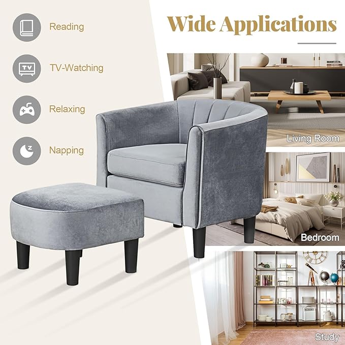 GOFLAME Accent Chair with Ottoman Modern Velvet Fabric Barrel Chair with Footrest Curved Backrest Removable Seat Cushion Upholstered Club Tub Sofa Reading Armchair for Living Room Bedroom Gray