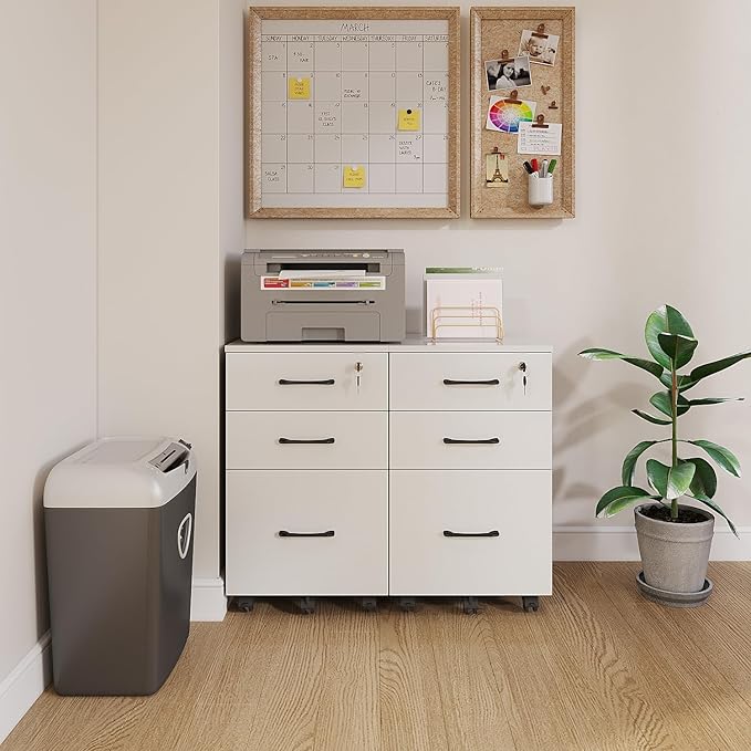 3 Drawers Wooden Locking File Cabinet with Storage Removable File Cabinet for Home OfficeUnder Desk Filing Cabinets(White)
