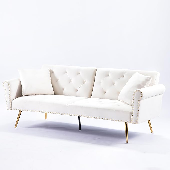 Modern Velvet 2 in 1 Sofa Bed FutonConvertible Folding Sleeper Couch Bed with 2 Pillows &amp Golden Metal Legs73 Tufted Recliner Loveseat for Living Room Apartment Office (Beige)