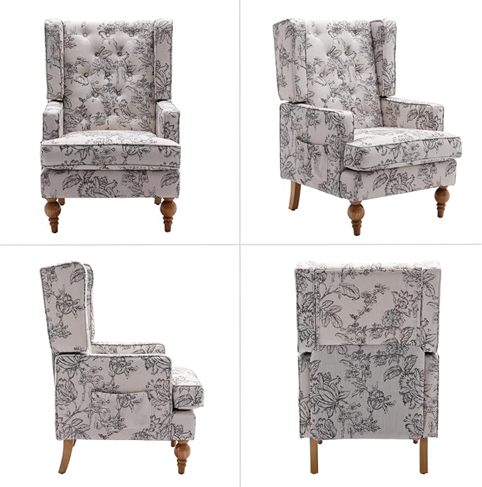 HEAH-YO Mid-Century Modern Accent Chair Upholstered Linen Living Room Chair with High Backrest Comfy Arm Side Chair for Bedroom Beige