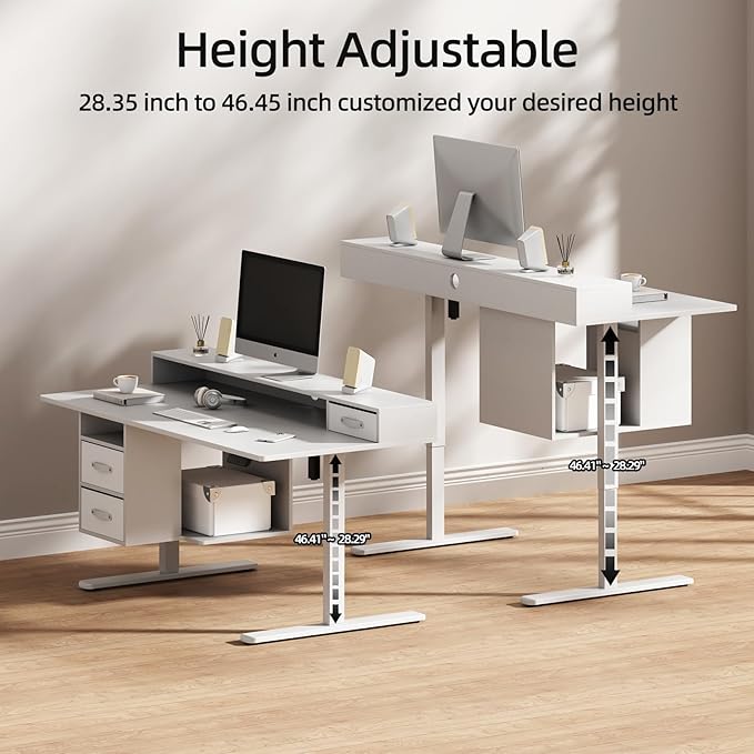55x24 Inches Standing Desk with Drawers Electric Computer Desk with Open Storage Shelf Stand Up Desk Adjustable Height 28-46 Inches for Home and Computer Workstation White
