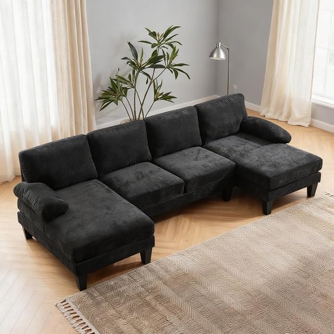 Karl home U-Shape Sectional Sofa Couch 111 Modern 4-Seat Sofa with Chaises Chenille Fabric Upholstered Covertible Couch with Wood Grain Legs for Living Room Reception Room Apartment Black