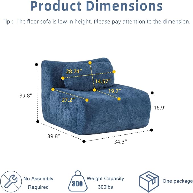 34.3 Boneless Couches for Living Room Set Cloud Modular Sectional Sofa in a Box Memory Foam Modern Couch Big Comfy Compressed Sofas Armless No Assembly Single Sofa Blue