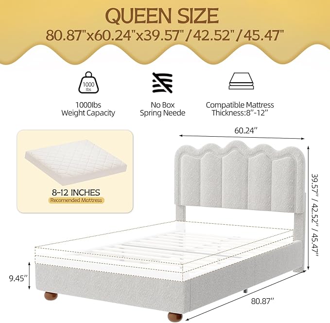 Queen Size Bed Frame with Headboard Boucle Bed Frame Soft Upholstered Platform Cloud Bedframe with Footboard Solid Wood Legs Solid Wooden Slats Support No Box Spring Required Easy Assembly