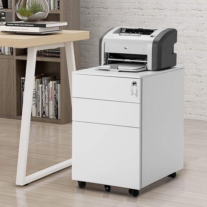 Rhomtree 3 Drawer File Cabinet Rolling Metal Filing Cabinet with Lock Mobile Pedestal Storage Fully Assembled Without Casters (White)