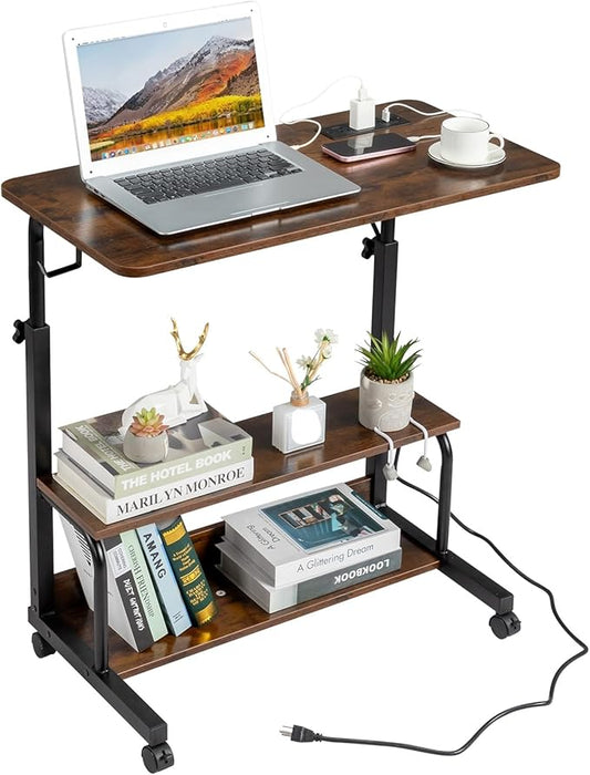 Adjustable Computer Desk with 3 USB Ports and 2 AC Outlets Standing Desk Adjustable Height Desks Computer Desk Writing Desk Mobile Laptop Desk Cart for Office Workspace Vintage Brown