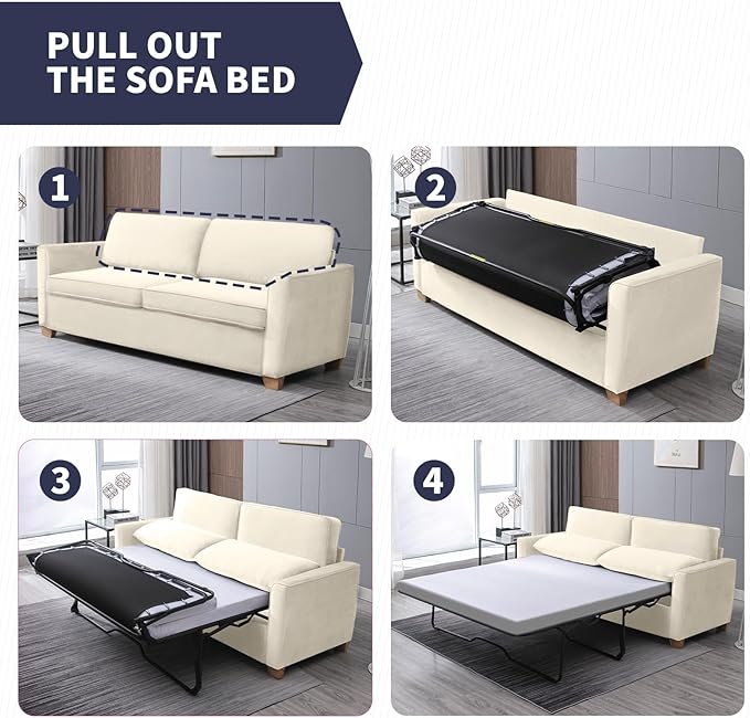 ZAFLY 70 Pull Out Sofa Bed Convertible Sleeper Sofa with Memory Foam Mattress Velvet Modern Couch Bed for Home Apartment Easy Assembly - Beige