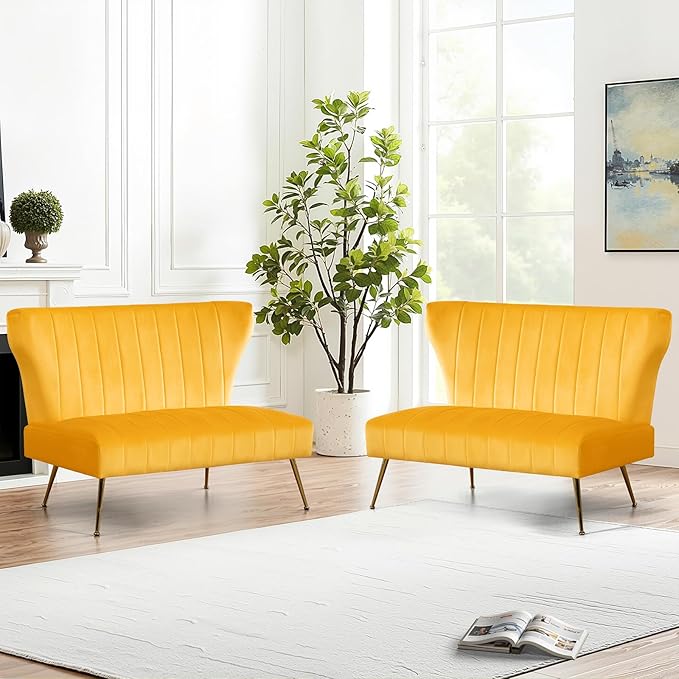 50’’ Armless Loveseat Sofa Comfy Upholstered Velet Small Couch Sofa with Gold Legs 2 Seater Tufted Modern Couch for Living Room Bedroom Apartment Small Space (Yellow)