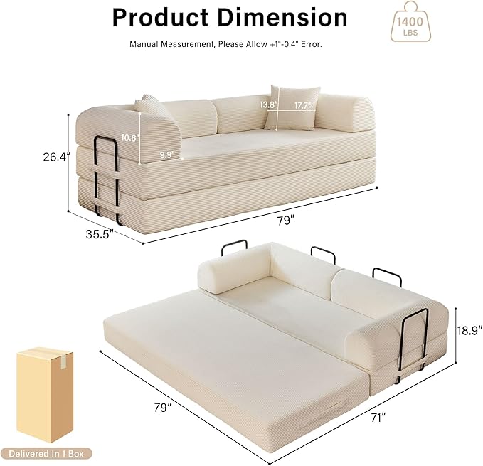 79 5-in-1 Folding Convertible Sofa Bed Oversized Corduroy Futon Floor Couch with Pull-Out Sleeper Modular Boneless Loveseat for Small Spaces Living Room Bedroom (White1)