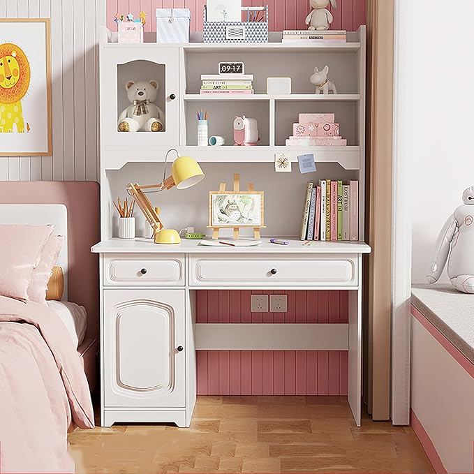 HM&ampDX Study Desk with Hutch &amp Bookshelf &amp DrawersWooden Computer Desk Home Office Desk Teenager DeskCute Writing Study Desk Bookshelf Combo for Girl Boy(31.5inch White)