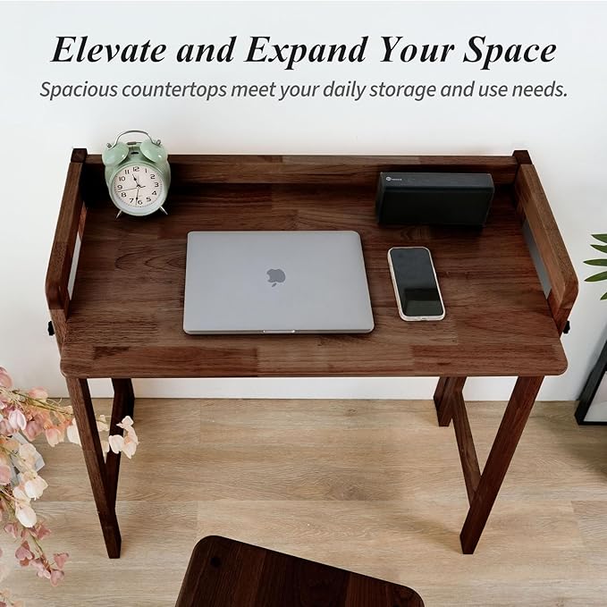 Computer Desk Foldable Desk Home Office Desks Solid Wood Writing Desk Mid Century Modern Desks Oak Study Table Folding Desks for Small Spaces 39.4 W x 27.6 H x 13.6 D Inches Walnut