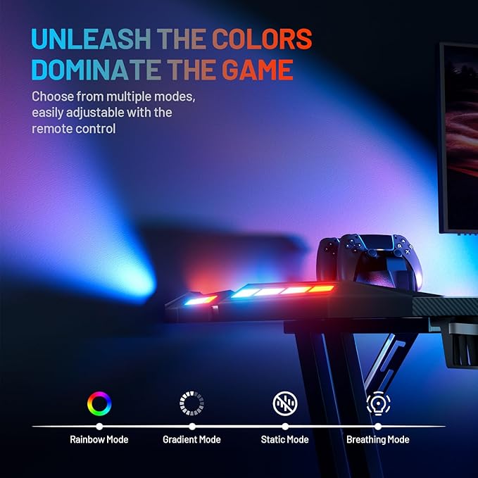 HLDIRECT 55 Inch Gaming Desk with LED Lights Carbon Fibre Surface Gaming Table Large Computer Desk Ergonomic Home Office Desks Z Shaped PC Gamer Workstations with Cup Holder &amp Headphone Hook Black