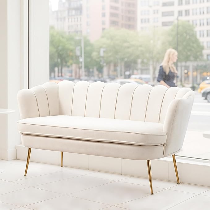 59'' Loveseat Sofa Modern Chenille 2-Seater Sofa with Golden Legs Comfy Upholstered Shell Accent Couch for Studio Living Room Store Office (Beige).
