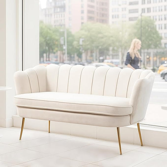 59'' Loveseat Sofa Modern Chenille 2-Seater Sofa with Golden Legs Comfy Upholstered Shell Accent Couch for Studio Living Room Store Office (Beige).