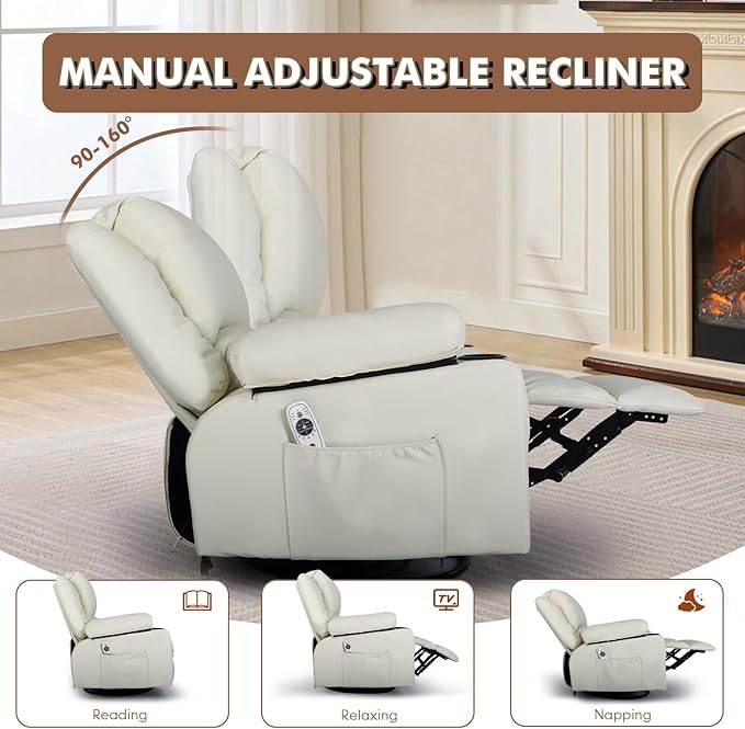 Rocking Recliner Chair with Heat and Massage Overstuffed PU Leather Recliners for Living Room Modern Single Rocking Chair for Adults Manual Swivel Rocker Recliner with Cup Holders Cream White