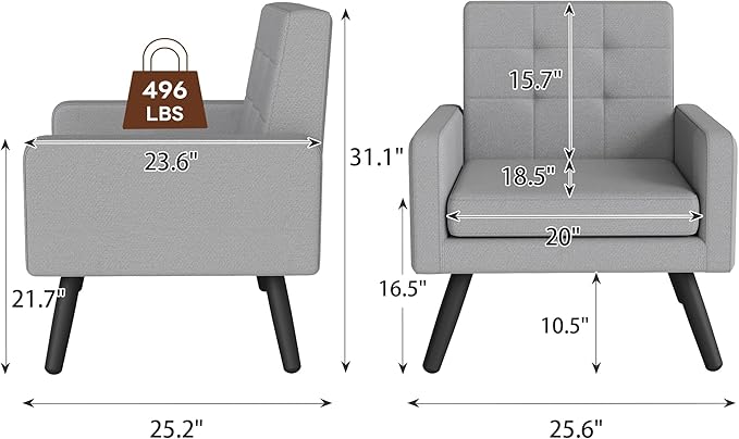 Accent Chair for Living Room Mid-Century Modern Comfy Upholstered Armchair with Large Seat Single Sofa Reading Chair 496 Lb. Weight Capacity for Bedroom Apartment Light Grey