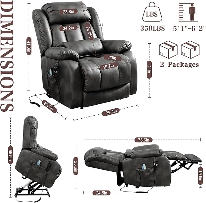 Infinite Position Lay Flat Lift Recliner Chair for Adults Dual Motor Power Lift Chair for Elderly with Massage &amp Heating USB Ports Remote Control &amp Lumbar Pillow Leather (Silver Grey)