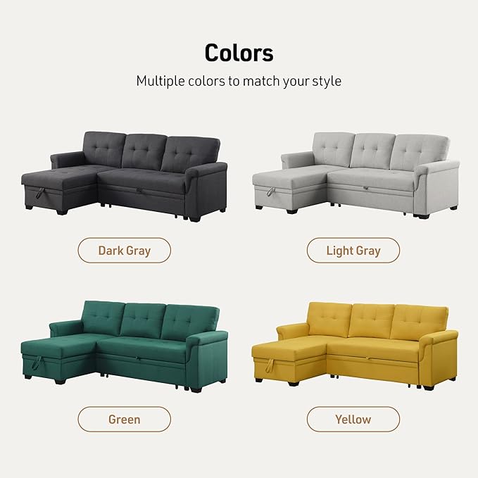 Lilola Home Convertible Sectional Sleeper Sofa Bed 84 Inch L Shaped Couch with Pull Out Bed Storage Chaise Removable Back Cushions for Living Room Office Linen Fabric Dark Gray