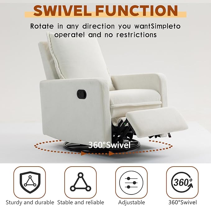 White Swivel Nursery Rocking Chair Manual Glider Recliner with High Backrest for Adults Upholstered Nursery Recliners Chair with Footrest Pedal for Small Spaces Living Room Bedroom (White)