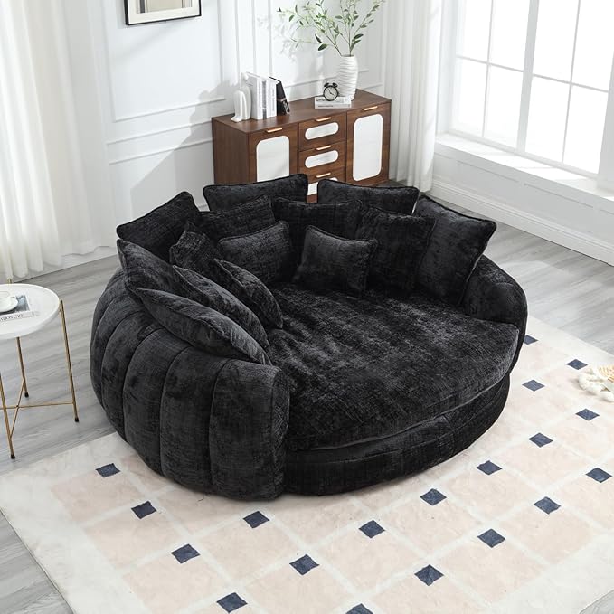 81 Oversized Round Sofa Bed Large Chenille Bean Bag Chair No Assembly Required Cloud Couch Fluffy Plush Chaise Lounge Chair Indoor Modern Sleeper Sofa with Deep Seat for Living Room (Black)