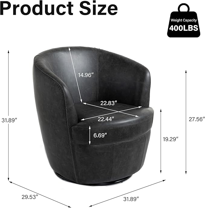 Swivel Barrel Chair Modern Round PU Leather Accent Armchair for Living Room Bedroom Comfy Club Reading Chairs for Adults (Leather Black Grey Set of 1)