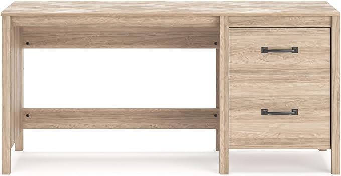 Benjara Bette Home Office Desk 60 Inch Rectangular Top w Side Cabinet Oak Brown and Black