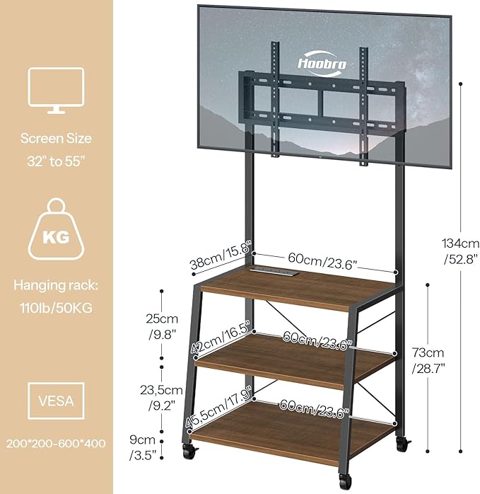 HOOBRO Rolling TV Stand with Mount and Power Outlet Up to 55 inch TV Corner Entertainment Center Small TV Stand with 3-Tier Storage Shelves for Living Room Bedroom Black and Walnut BH66UDS01