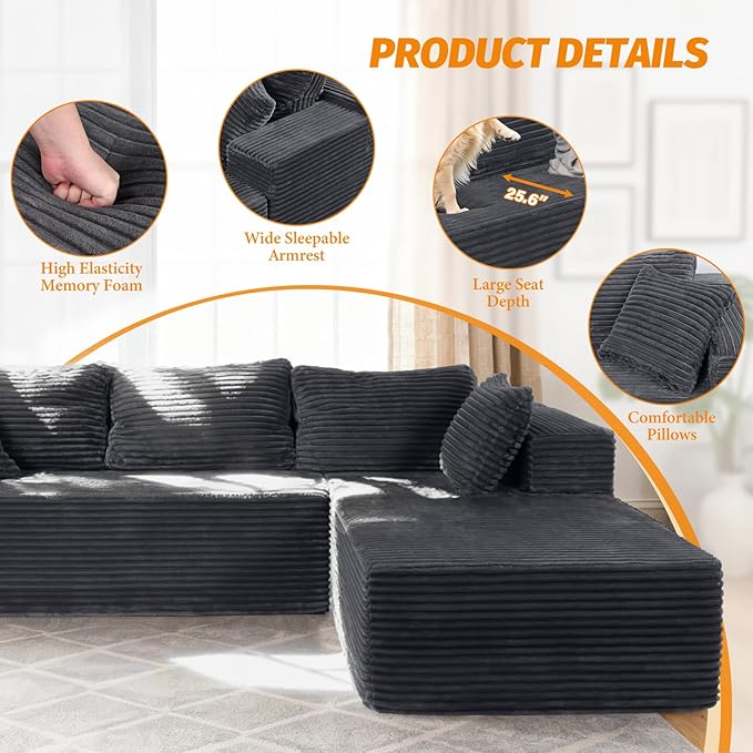 108” Modular Sectional Couches Sofa Oversized L-Shape Cloud Couch with Deep Seat Comfy Memory Foam Modern Boneless Couch for Living Room No Assembly Required