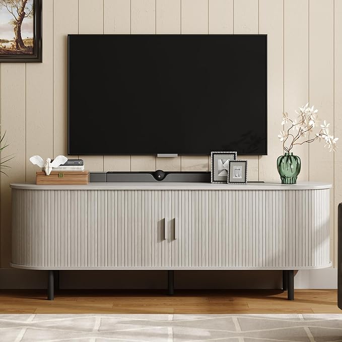 ONBRILL 63 TV Stand with Power Outlet for TVs up to 70 Inch Entertainment Center with Storage and Adjustable Shelves Modern Media Console with Sliding Doors for Living Room Natural White