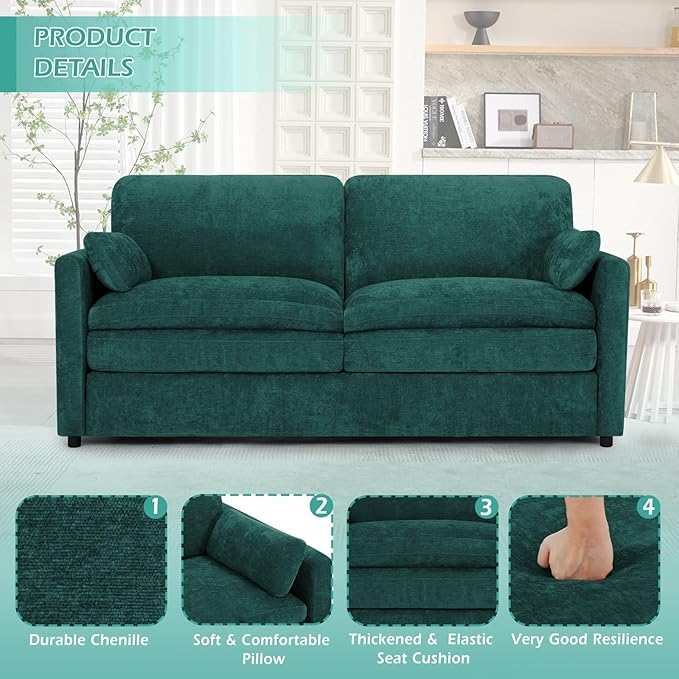 69” Chenille Loveseat Sofa w/Arm Pillows Upholstered 2-Seater Sofa w/Comfortable Back Cushions Modern 2 Seats Couch w/High-Density Foam for Living Room Apartment Office Teal