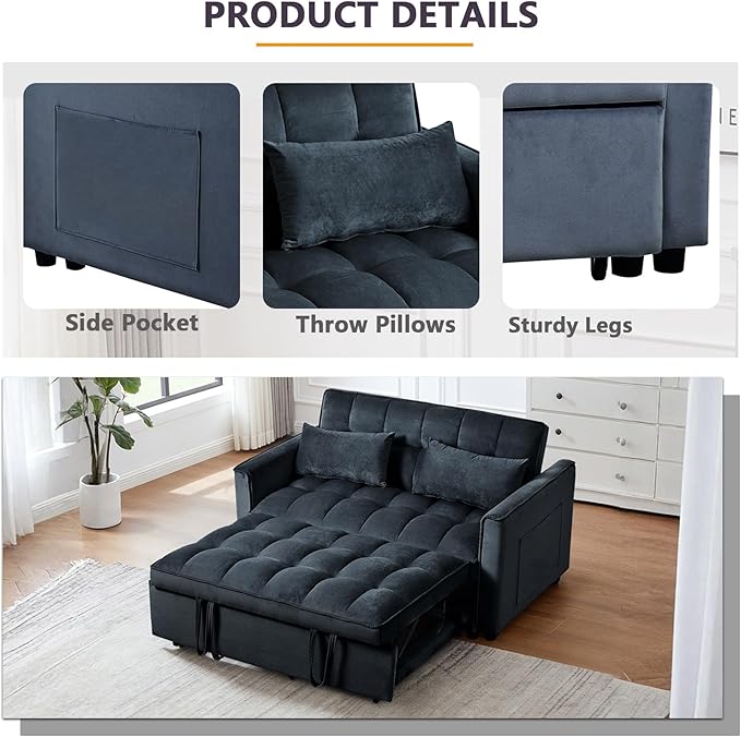 3 in 1 Pull Out Couch Bed Convertible Futon Sofa Bed Velvet Sleeper Loveseat for Small Living Room Adjustable Backrest Comfy Pillows Side Pocket (Black)