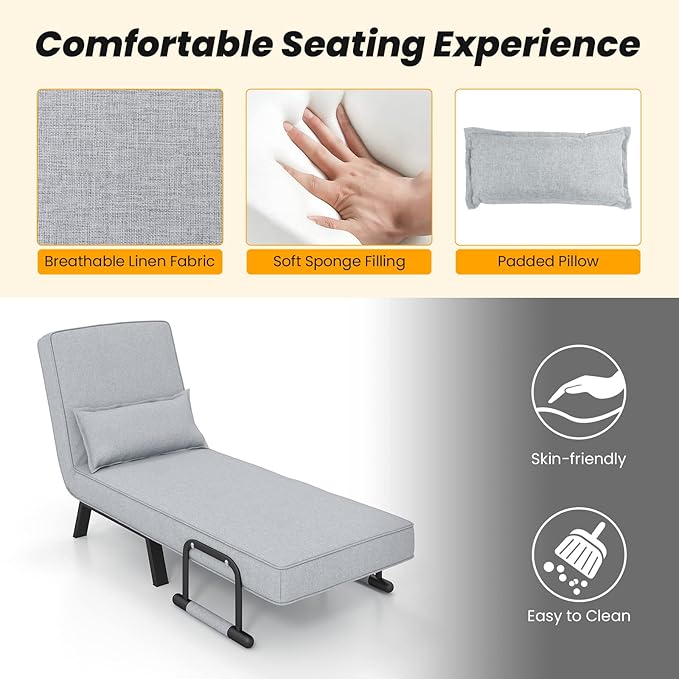 S AFSTAR 4 in 1 Convertible Sofa Bed Sleeper Chair Folding Sofa Arm Chair with Pillow and 6 Position Adjustable Backrest Full Padded Lounger Couch Bed for Home/Office (Light Grey)