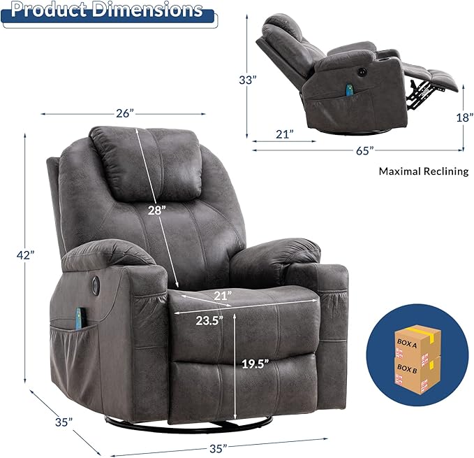 Swivel Glider Rocker Recliner Chair with Heated Massage Ergonomic Lounge 360 Degree Manual Swivel Sofa Seat with 2 Cup Holders Side Pockets &amp USB Ports for Living Room (Gray)