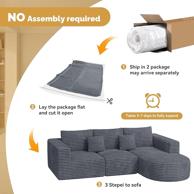 110 Boneless Couches for Living RoomModular Sectional Sofa with OttomanCloud Couch in a BoxSponge Compression L-Shaped Sofas with Chaise No Assembly RequiredGray1pcs