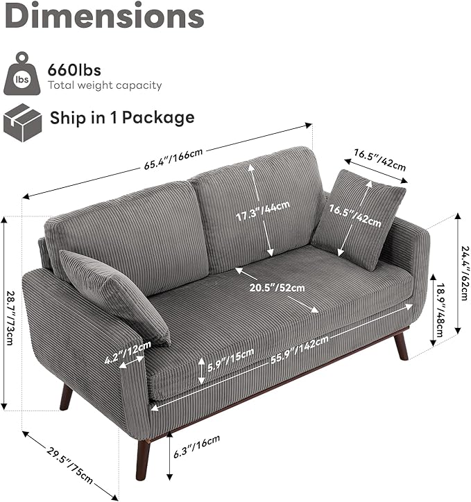 Kingfun 65 Corduroy Love Seat with Spring Cusions Mid Century Modern Loveseat Sofa for Livingroom &amp Bedroom Comfy Upholstered Small Couch Gray | linen fabric button tufted solid wood foot p