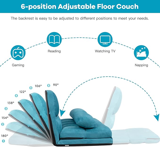 KOMFOTT Adjustable Floor Sofa Bed Foldable Lazy Sofa Sleeper with 6 Position Backrest &amp 2 Pillows Convertible Futon Couch with Suede Cloth Cover Lounge Recliner for Living Room