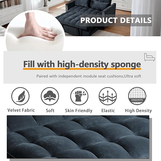 3 in 1 Pull Out Couch Bed Convertible Futon Sofa Bed Velvet Sleeper Loveseat for Small Living Room Adjustable Backrest Comfy Pillows Side Pocket (Black)