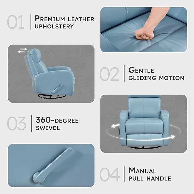 Lexicon Swivel Glider Reclining Chair Top Grain Leather Match Manual Pull Handle Recliner Comfy Nursery Glider Recliner Swivel Reclining Chair for Living Room/Office/Bedroom/Apartment Blue