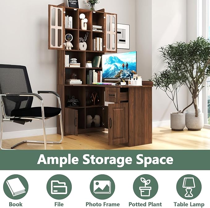 Walnut Corner Desk with Bookshelf 2-in-1 L Shaped Desk with Hutch &amp Drawers Home Office Desk with Shelves &amp Storage Wooden Structure Easy Assembly (Walnut)