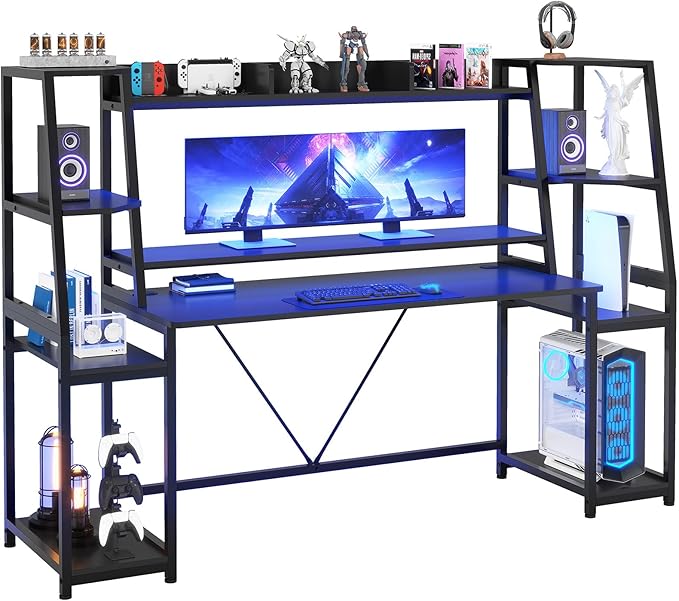 SEDETA Gaming Desk 78.8'' with LED Lights Hutch and Storage Shelves Computer Desk with Monitor Stand Large PC Gamer Desk Workstation Ergonomic Gaming Table for Bedroom Living Room Black
