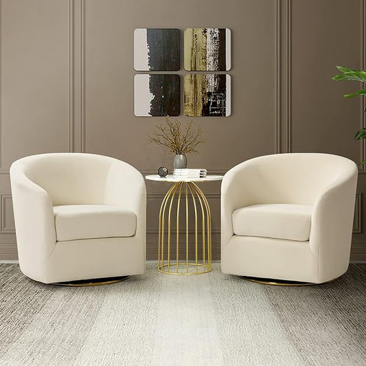 HULALA HOME Swivel Accent Chair with Gold Metal Base Set of 2 Contemporary Velvet Curved Swivel Barrel Chair Upholstered Club Armchair Leisure Single Sofa for Living Room Nursery Bedroom(Ivory)