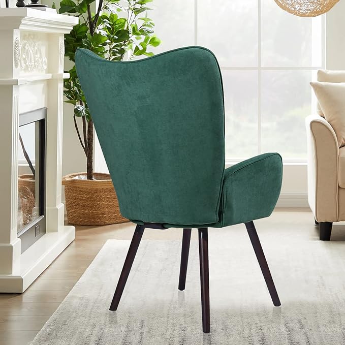 FurnitureR Velvet Accent Chair Modern Wingback Tufted Vanity Armchair Upholstered Tall Back with Arms Solid Wood Legs Lounge Leisure Chair for Living Room Bedroom Waiting Room Dark Green